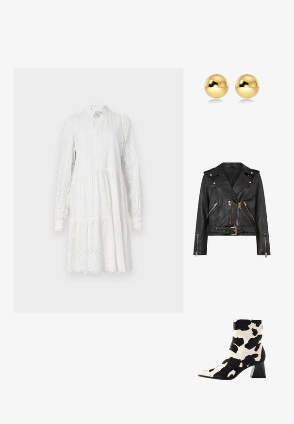 Svart läderbikerjacka med figursydd design, guldfärgad dragkedja, flera framfickor med dragkedja och midja med bälte. Har axelepåletter.; Vit långärmad klänning med broderad mönster, hög halsringning och lager på lager kjol. Har en skarp nederkant och lätt rynkning vid midjan.; Ankelstövlar i kossprint med strukturerad yta, spetsig tå och en kraftig svart klack. Tillverkade av ett mjukt material med ett unikt mönster.; Guldiga, sfäriska örhängen med en blank, reflekterande yta. Designen är enkel och slät, vilket skapar ett modernt, minimalistiskt utseende.