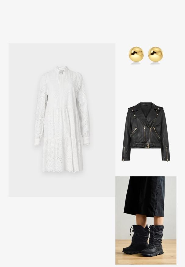 Giacca da motociclista nera in pelle con un design aderente, dettagli in metallo dorato, molteplici tasche frontali con zip e vita con cintura. Presenta spalline sulle spalle.; Abito bianco a maniche lunghe con motivo a occhio, scollatura alta e gonna a balze. Presenta un orlo ondulato e una leggera arricciatura in vita.; Stivali invernali neri con una finitura testurizzata, silhouette alta e parte superiore arricciata. Presentano lacci verdi a contrasto e suole robuste.; Orecchini sferici color oro con una superficie lucida e riflettente. Il design è semplice e liscio, creando un aspetto moderno e minimalista.