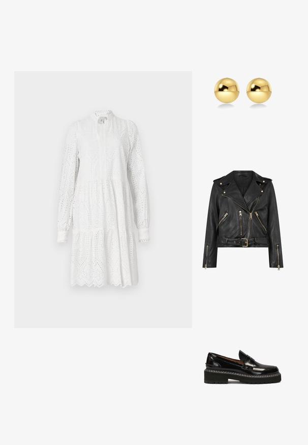Čierna kožená motorkárska bunda s priliehavým strihom, zlatým zipsom, viacerými prednými zipsovými vreckami a opaskom v páse. Obsahuje ramenné epolety.; Biele dlhé šaty s dlhými rukávmi, s očkovým vzorom, vysokým výstrihom a sukňou v tierovom štýle. Obsahujú vykrojený lem a mierne naťahovanie v páse.; Čierne lakované kožené mokasíny s masívnou čiernou gumovou podrážkou, zvýraznené bielym prešívaním a ozdobným predným pásikom.; Zlaté guľové náušnice s lesklým, odrazovým povrchom. Dizajn je jednoduchý a hladký, čím vytvára moderný, minimalistický vzhľad.