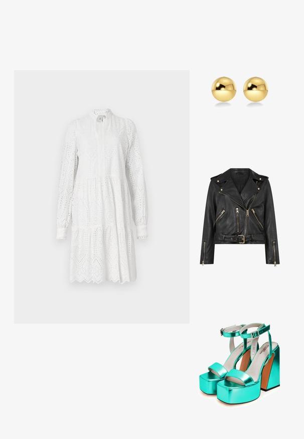 Mustat nahkainen moottoripyörätakki, jossa on istuva muotoilu, kultaiset vetoketjivarusteet, useita etupuolen vetoketjullisia taskuja ja vyötäröllä oleva vyö. Varustettu olkaimia.; Valkoinen pitkähiha dressi, jossa on pitsikuvio, korkea kaulus ja kerroksellinen hame. Samanlaista reunaa ja kevyttä keräämistä vyötäröllä.; Turkoosi metallin värinen platform-sandaali, jossa on tukeva korko. Siinä on leveä etuvarvasremmi ja nilkkaremmi, jossa on koristeellinen solki. Sileä pintakuvio.; Kultaiset pallomaiset korvakorut, joissa on kiiltävä ja heijastava pinta. Suunnittelu on yksinkertainen ja sileä, luoden modernin ja minimalistisen ilmeen.