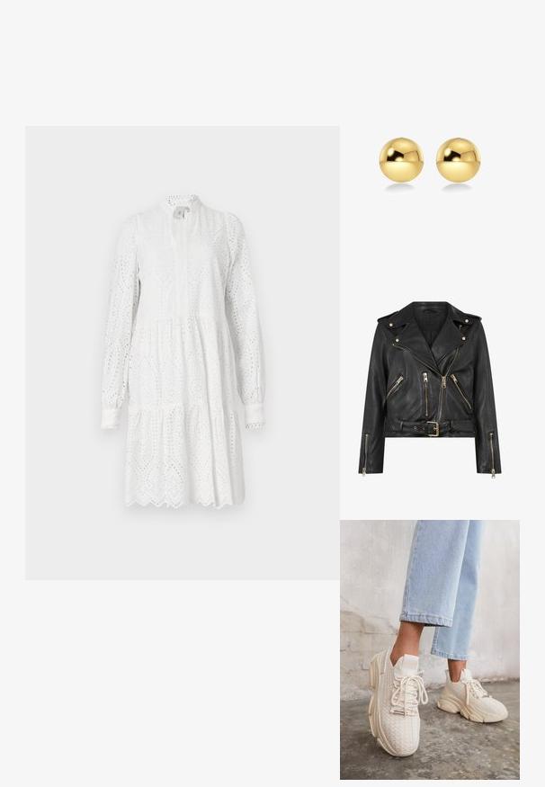 Črna usnjena motoristična jakna s prilegajočim dizajnom, z zlatim zadrgo, več sprednjimi žepnimi zadrgami in pasom, ki se lahko nastavi. Značilne so ramenice.; Bela dolga obleka s štirimi rokavi, šivano z vzorcem z luknjicami, z visokim ovratnikom in večplastnimi krili. Ima valovit rob in rahlo zbrano pas.; Bež pletene superge z teksturirano zgornjščino, okroglo konico, debelim podplatom in dekorativnim vezanjem, v kombinaciji s svetlo modrimi skrajšanimi hlačami.; Zlate okrogle uhane z sijočo, odsevno površino. Oblika je preprosta in gladka, kar ustvarja sodoben, minimalističen videz.