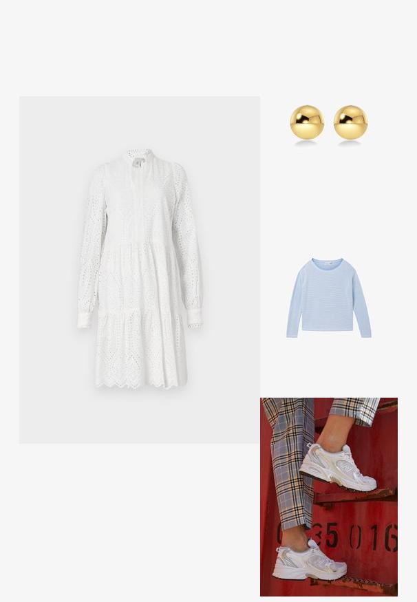 Crna kožna biker jakna sa tijesnim dizajnom, zlatnim patentnim zatvaračem, više prednjih džepova na patentni zatvarač i pojasom u struku. Ima epaulete na ramenima.; TOM TAILOR Vesta - blue bubble knit structure; Bijela haljina s dugim rukavima, ukrašena uzorkom od perforacija, s visokim izrezom i višeslojnim suknjom. Sadrži obrušenje s valovitim rubom i blago nabranu struk.; Bijele mrežaste tenisice sa srebrnim akcentima i teksturiranom potplatom, postavljene na crvenu površinu, u kombinaciji s kariranim hlačama.; Zlatne okrugle naušnice s sjajnom, reflektirajućom površinom. Dizajn je jednostavan i gladak, stvarajući moderan, minimalan izgled.