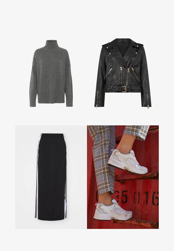 Svart läderbikerjacka med figursydd design, guldfärgad dragkedja, flera framfickor med dragkedja och midja med bälte. Har axelepåletter.; Ljusgrå oversized turtleneck-tröja i ett mjukt stickat material. Har ribbade muddar och fåll, med avslappnat passande axlar och kropp.; Svart atletisk kjol med vita sidostycken, elastisk midja och logotypdetalj. Tillverkad av andningsbart material, knä-lång design.; Vita nät-sneakers med silverdetaljer och en texturerad sula, placerade på en röd yta, tillsammans med rutiga byxor.