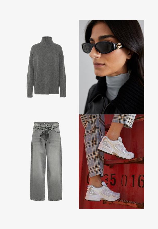 Črna usnjena motoristična jakna s prilegajočim dizajnom, z zlatim zadrgo, več sprednjimi žepnimi zadrgami in pasom, ki se lahko nastavi. Značilne so ramenice.; Svetlo siva prevelika turtleneck pulover iz mehkega pletenega materiala. Ima rebraste manšete in rob, s sproščenim prileganjem na ramenih in telesu.; Sive široke delovne jeans hlače z elastičnim pasom in sprednjima žepoma. Tkanina ima rahlo teksturo in blago opaljen videz.; Bele mrežne superge s srebrnimi detajli in teksturirano podplatom, postavljene na rdeči površini, v kombinaciji s karirastimi hlačami.; Črne sončne očala z elegantnim pravokotnim okvirjem in zlatim logotipom na strani. Temna stekla in sijajna površina sta izrazita.