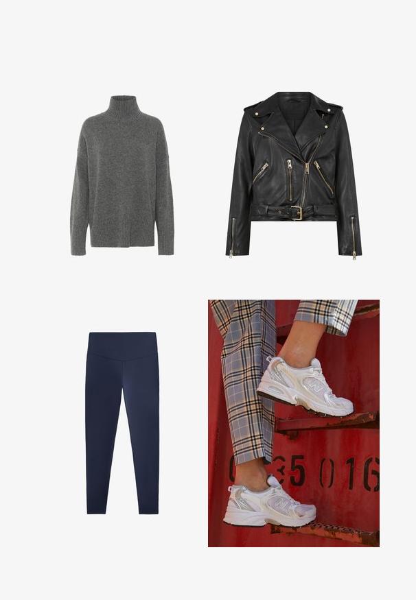 Fekete bőr motoros dzseki, testre szabott fazonnal, arany színű cipzárakkal, több elülső cipzáras zsebbekkel és övvel ellátott derékkal. Vállgallérral rendelkezik.; Világosszürke, oversize, garbós pulóver, puha kötött anyagból. Bordás mandzsettákkal és aljjal rendelkezik, laza illeszkedésű vállakkal és testtel.; Sötétkék leggings rugalmas, sima anyagból, magas derékkal. Szorosan illeszkednek, és teljes hosszúságúak a bokáig.; Fehér hálós sportcipők ezüst részletekkel és texturált talppal, egy piros felületen elhelyezve, kockás nadrággal párosítva.