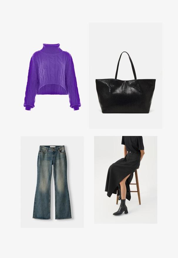 Schwarze Leder-Bikerjacke mit tailliertem Design, goldfarbener Reißverschlussbeschläge, mehreren vorderen Reißverschlusstaschen und einem taillierten Bund. Mit Schulterklappen.; Lila, gestrickter, cropped Pullover mit hohem Kragen und weiten Ärmeln. Die Textur ist weich und weist kunstvolle Muster auf.; Blaue Schlagjeans mit einem ausgewaschenen Look, fünf Taschen und einem Knopfverschluss. Das Material zeigt eine Denim-Textur mit dezenten Stickdetails.; Schwarzer Leinen-Maxi-Rock mit hohem Schlitz, getragen mit einem schwarzen T-Shirt und schwarzen Knöchelstiefeln. Minimalistisches Design mit lockerer Passform.; Schwarze geflochtene Tragetasche mit zwei stabilen Griffen, die eine glänzende Textur und ein geräumiges offenes Design bietet.