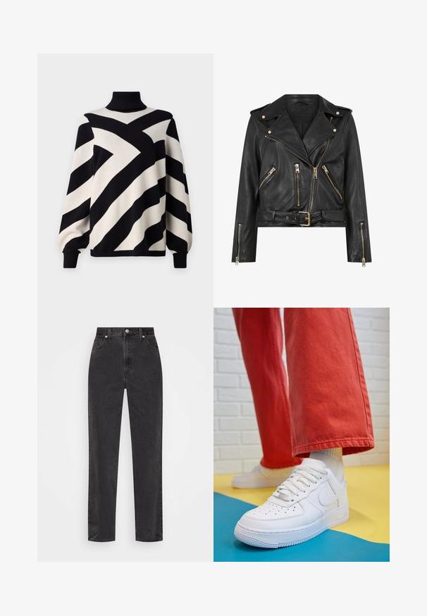 Schwarze Leder-Bikerjacke mit tailliertem Design, goldfarbener Reißverschlussbeschläge, mehreren vorderen Reißverschlusstaschen und einem taillierten Bund. Mit Schulterklappen.; Object OBJRAY ROLL NECK - Strickpullover - black; Weißes Langarmshirt mit Kragen, das mit einer Lochstickerei in Paisleymuster und Knopfverschlüssen auf der Vorderseite versehen ist.; Schwarze Denim-Jeans mit geradem Bein, hoher Taille, vorderem Knopf und Reißverschluss sowie fünf Taschen auf weißem Hintergrund.; Weiße Leder-Sneaker mit perforiertem Zehenbereich, strukturiertem Sohlen und weißen Schnürsenkeln, kombiniert mit weiten roten Hosen und einem blauen und gelben Hintergrund.