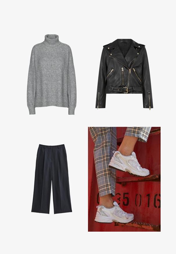 Czarna skórzana kurtka motocyklowa o dopasowanym kroju, ze złotymi zamkami, wieloma przednimi kieszeniami na zamek i paskiem w talii. Wyposażona w naramienniki.; Jasnoszary sweter z golfem wykonany z miękkiej, strukturalnej tkaniny. Charakteryzuje się luźnym krojem, ściągaczem przy kołnierzu i mankietach oraz prostym dołem.; New Look WIDE granatowy; Białe siatkowe sneakersy z srebrnymi akcentami i teksturowaną podeszwą, umieszczone na czerwonej powierzchni, w połączeniu z materiałowymi spodniami w kratę.