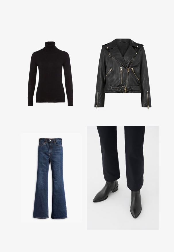 Giacca da motociclista nera in pelle con un design aderente, dettagli in metallo dorato, molteplici tasche frontali con zip e vita con cintura. Presenta spalline sulle spalle.; Pullover nero a collo alto realizzato in morbido materiale a maglia. Presenta maniche lunghe, polsini a costine e collo a costine. Tessuto liscio senza motivi visibili.; Jeans in denim blu scuro a vita alta con gamba a zampa d'elefante, chiusura frontale con bottone e zip, e design a cinque tasche.; Stivali neri in pelle fino alla caviglia, con punta affusolata, tacco a blocco e pannelli laterali texture, indossati con pantaloni scuri su uno sfondo bianco.