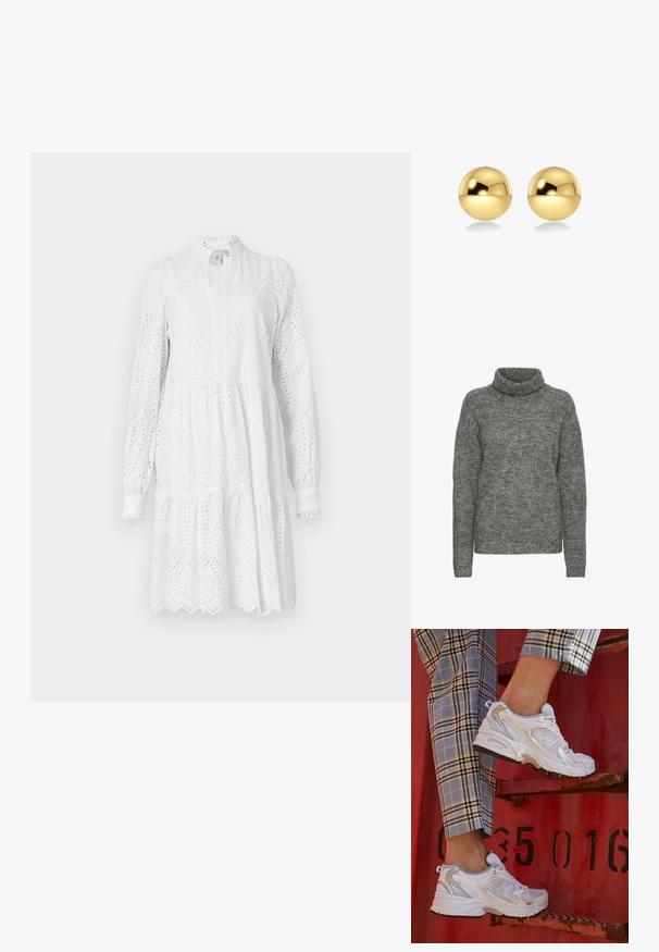 Black leather biker jacket with a fitted design, gold zip hardware, multiple front zip pockets, and a belted waist. Features shoulder epaulets.; Gray turtleneck sweater made of soft knit material, featuring a relaxed fit and long sleeves with a subtle texture throughout.; White long-sleeve dress with eyelet pattern, high neckline, and tiered skirt. Features scalloped hem and slight gathering at the waist.; White mesh sneakers with silver accents and a textured sole, positioned on a red surface, paired with plaid trousers.; Gold-colored spherical earrings with a shiny, reflective surface. The design is simple and smooth, creating a modern, minimal look.