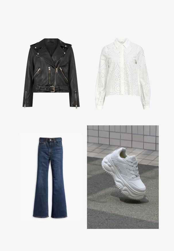 Giacca da motociclista nera in pelle con un design aderente, dettagli in metallo dorato, molteplici tasche frontali con zip e vita con cintura. Presenta spalline sulle spalle.; Camicia bianca a maniche lunghe con colletto, caratterizzata da ricami a occhiello in un motivo paisley e chiusura con bottoni sul davanti.; Jeans in denim blu scuro a vita alta con gamba a zampa d'elefante, chiusura frontale con bottone e zip, e design a cinque tasche.; Sneaker in pelle bianca con suola chunky, dettagli testurizzati e chiusura con lacci. Presenta accenti sagomati e una finitura liscia.