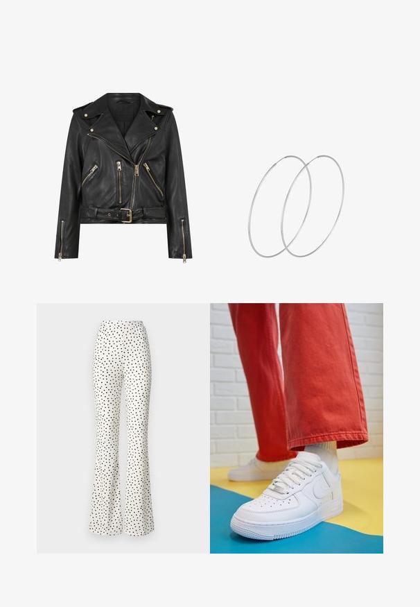 Black leather biker jacket with a fitted design, gold zip hardware, multiple front zip pockets, and a belted waist. Features shoulder epaulets.; White long-sleeve shirt with a collared neckline, featuring eyelet embroidery in a paisley pattern and button closures down the front.; White flared pants with black polka dots. Ribbed texture, elastic waistband, and a loose fit through the legs. Straight cut at the hem.; White leather sneaker with perforated toe box, textured sole, and white laces, paired with wide red pants and a blue and yellow background.; Silver hoop earrings with a minimalist design. Circular shape, smooth texture, and thin profile. Lightweight with a polished finish.