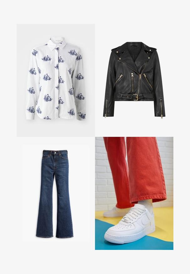 Schwarze Leder-Bikerjacke mit tailliertem Design, goldfarbener Reißverschlussbeschläge, mehreren vorderen Reißverschlusstaschen und einem taillierten Bund. Mit Schulterklappen.; Weißes Leinenhemd mit blauem Blumenmuster, durchgehender Knopfleiste und klassischem Kragen, langen Ärmeln und geknöpften Handgelenken.; Hochtaillierte dunkelblaue Jeans mit ausgestellten Beinen, Vorderknopf- und Reißverschluss sowie Fünf-Taschen-Design.; Weiße Leder-Sneaker mit perforiertem Zehenbereich, strukturiertem Sohlen und weißen Schnürsenkeln, kombiniert mit weiten roten Hosen und einem blauen und gelben Hintergrund.