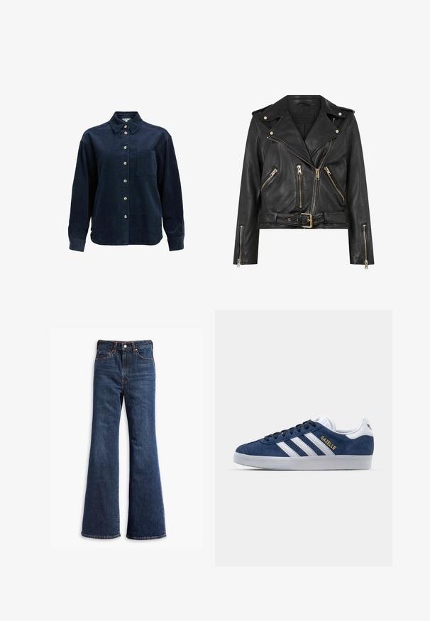 Sort læder bikerjakke med en tætsiddende design, guldlås hardware, flere frontlynlåslommer og en bæltestrop i taljen. Har skulderepauletter.; Mørkeblå kordfløjl skjorte med lange ærmer, knaplukning foran, enkelt brystlomme, spredt krave og beige knapper.; Højtaljede mørkeblå denim jeans med udvidede ben, frontknap og lynlås lukning, samt fem-lommer design.; Mørkeblå svindre sneakers med hvide læderdetaljer, tre hvide striber og guld "Gazelle" logo. Rund gummisål, lavtop design.