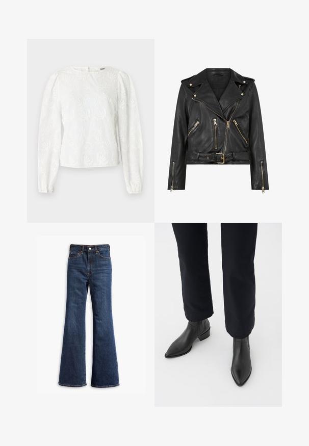 Mustat nahkainen moottoripyörätakki, jossa on istuva muotoilu, kultaiset vetoketjivarusteet, useita etupuolen vetoketjullisia taskuja ja vyötäröllä oleva vyö. Varustettu olkaimia.; Valkoinen pusero, jossa on pitkät puffihihat, jossa on brodeerattuja kukkakuoseja ja pyöreä pääntie. Takana vetoketjusuljenta.; Korkeavyötäröiset tummansiniset farkut, joissa on leveät lahkeet, etuvetoketju ja napin sulkeminen sekä viisi taskua.; Musta nahkasaapas nilkkamalli, jossa on terävä kärki, blokkikorko ja karheat sivupaneelit, yhdistettynä tummiin housuihin valkoista taustaa vasten.