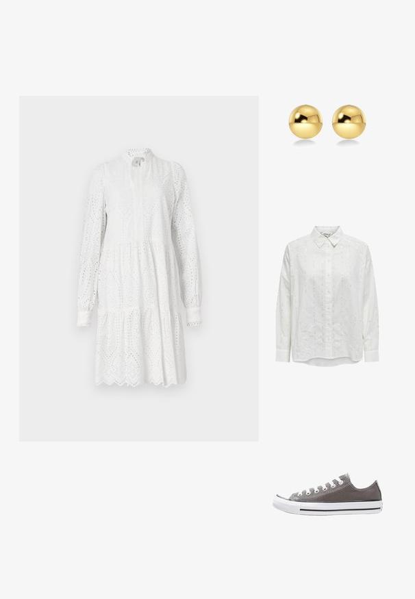 Svart läderbikerjacka med figursydd design, guldfärgad dragkedja, flera framfickor med dragkedja och midja med bälte. Har axelepåletter.; Vit skjorta med knappar som har en avslappnad passform, långa ärmar och vertikala paljettmönster som accentuerar tyget.; Vit långärmad klänning med broderad mönster, hög halsringning och lager på lager kjol. Har en skarp nederkant och lätt rynkning vid midjan.; Grå canvas sneakers med vit gummisula, svart rand och metallöglor. Har rund tå, låg design och textilier med struktur.; Guldiga, sfäriska örhängen med en blank, reflekterande yta. Designen är enkel och slät, vilket skapar ett modernt, minimalistiskt utseende.