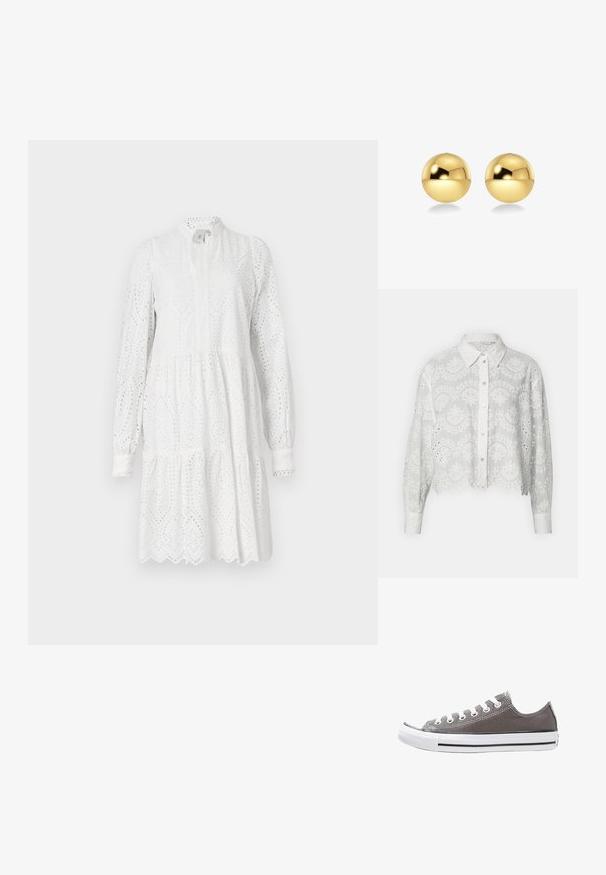 Veste de motard en cuir noir avec un design ajusté, matériel à fermeture éclair doré, plusieurs poches zippées à l'avant et une taille ceinturée. Comprend des épaulettes.; Chemise blanche courte à boutons avec des motifs floraux brodés, un col et des manches longues, présentant des découpes en œillet le long des bords.; Robe blanche à manches longues avec un motif d'œillets, un col haut et une jupe à volants. Elle présente un ourlet festonné et un léger froncement à la taille.; Baskets en toile grise avec semelle en caoutchouc blanche, bande noire et œillets en métal. Présente une forme arrondie, un design basse et un tissu texturé.; Boucles d'oreilles sphériques de couleur dorée avec une surface lisse et réfléchissante. Le design est simple et épuré, créant un look moderne et minimaliste.