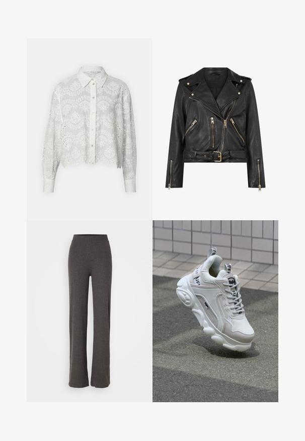 Giacca da motociclista nera in pelle con un design aderente, dettagli in metallo dorato, molteplici tasche frontali con zip e vita con cintura. Presenta spalline sulle spalle.; Camicetta bianca cropped con bottoni, decorata con motivi floreali ricamati, colletto e maniche lunghe, caratterizzata da fori occhiellati lungo i bordi.; Pantaloni a coste grigi in maglia, con gamba ampia e vita elasticizzata. Il tessuto ha un aspetto textured, offrendo una vestibilità comoda.; Sneaker bianco realizzato in materiali mesh e pelle, con punta arrotondata, suola spessa, lacci prominenti e marchio sul tallone e sulla linguetta.