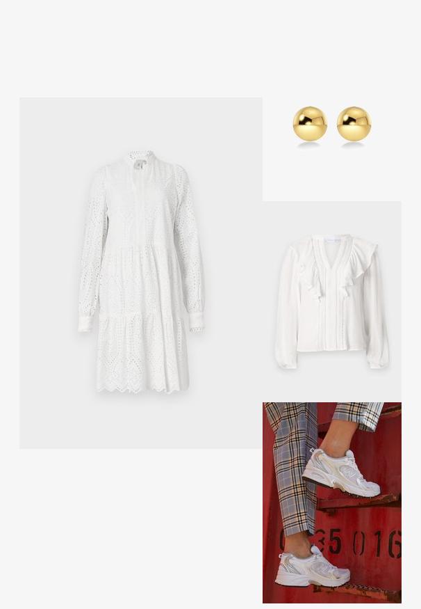 Melnas ādas motocikla jaka ar pieguļošu dizainu, zelta rāvējslēdzēju detaļām, vairākiem priekšējiem rāvējslēdzēja kabatām un jostu vidukļa daļā. Iekļauti plecu epauleti.; Balta blūze ar garām piedurknēm, V-veida kakla izgriezumu, frillētu dizainu un dekoratīvām vertikālām šuvēm gar priekšpusi. Izgatavota no viegla auduma.; Balta garām piedurknēm kleita ar acu izšuvumu, augstu apkakli un daudzslāņu svārkiem. Iezīmē viļņotu apakšmalu un nelielu savilkumu viduklī.; Baltas režģa sporta apavi ar sudraba akcentiem un teksturētu zoli, novietoti uz sarkanas virsmas, kombinēti ar kostīmpantaloniem ar kvadrātiem.; Zeltainas sfēriskas auskaru pušķis ar mirdzošu, atstarojošu virsmu. Dizains ir vienkāršs un gluds, radot modernu, minimālistisku izskatu.