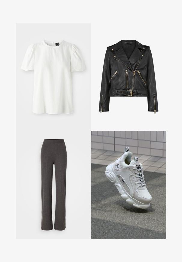 Giacca da motociclista nera in pelle con un design aderente, dettagli in metallo dorato, molteplici tasche frontali con zip e vita con cintura. Presenta spalline sulle spalle.; Top bianco a maniche corte con scollatura rotonda e maniche a sbuffo arricciate. Presenta un bordo dentellato lungo il collo. Tessuto morbido e testurizzato.; Pantaloni a coste grigi in maglia, con gamba ampia e vita elasticizzata. Il tessuto ha un aspetto textured, offrendo una vestibilità comoda.; Sneaker bianco realizzato in materiali mesh e pelle, con punta arrotondata, suola spessa, lacci prominenti e marchio sul tallone e sulla linguetta.