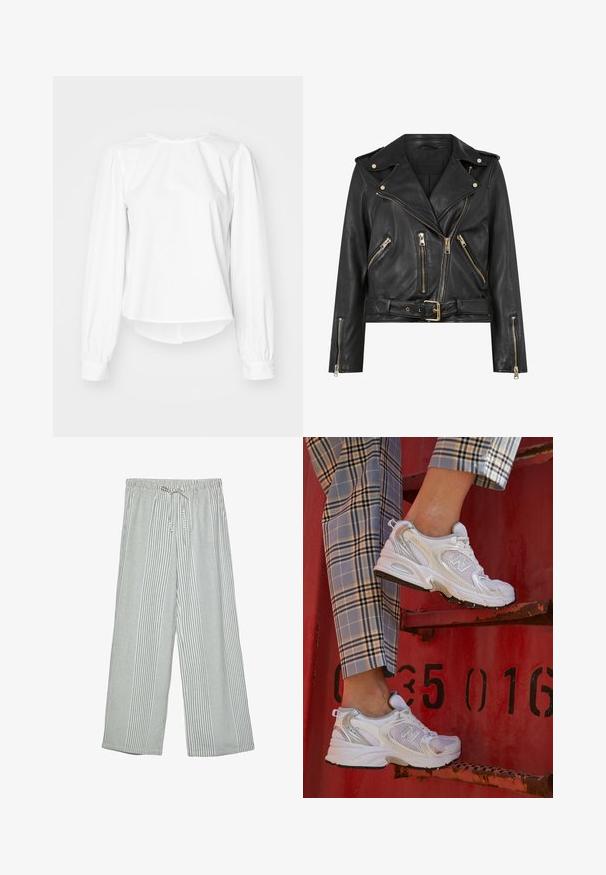Čierna kožená motorkárska bunda s priliehavým strihom, zlatým zipsom, viacerými prednými zipsovými vreckami a opaskom v páse. Obsahuje ramenné epolety.; Biela blúzka s dlhým rukávom a uvoľneným strihom, s vypuklými rukávmi, zaobleným výstrihom a gombíkovými manžetami. Hladká, svieža textúra.; Ľahké nohavice s širokými nohavicami v zeleno-bielej vertikálnej pruhovanej vzorček. Majú elastický pás so sťahovacou šnúrkou.; Biele sieťkové tenisky so striebornými detailmi a textúrovanou podrážkou, umiestnené na červenom povrchu, v kombinácii s károvanými nohavicami.