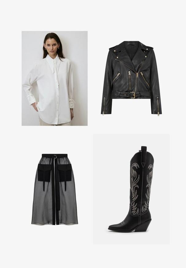 Black leather biker jacket with a fitted design, gold zip hardware, multiple front zip pockets, and a belted waist. Features shoulder epaulets.; White long-sleeve shirt with a high collar, front button closure, and ties at the cuffs. Made of soft, smooth fabric with a relaxed fit.; Black sheer skirt with a gathered waistband, featuring two large front pockets, a waist tie, and a circular metal accent.; Black leather cowboy boots with pointed toes, wedge heels, and silver embroidered floral patterns along the shaft. Contrast stitching throughout.