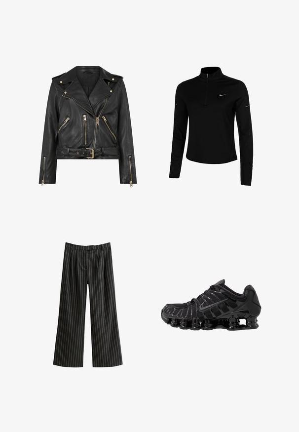 Chaqueta de motorista de cuero negro con un diseño ajustado, herrajes de cremallera dorada, múltiples bolsillos delanteros con cremallera y una cintura con cinturón. Presenta epaulets en los hombros.; Camiseta deportiva negra de manga larga con media cremallera, cuello, logo reflectante de Nike y costuras planas para mayor comodidad y un ajuste ceñido.; Pantalones de pierna ancha a rayas negras con un frente plisado. La tela presenta finas rayas verticales blancas y un acabado texturizado.; Zapatilla deportiva negra con parte superior de malla y detalles brillantes. Presenta amortiguación de bobina curvada y líneas texturizadas en el lateral. Logotipo de Nike visible.