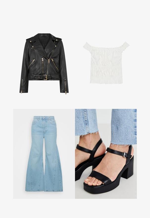 Mustat nahkainen moottoripyörätakki, jossa on istuva muotoilu, kultaiset vetoketjivarusteet, useita etupuolen vetoketjullisia taskuja ja vyötäröllä oleva vyö. Varustettu olkaimia.; Valkoinen olkapään yli ulottuva paita, jossa on röyhelökoristeita, rypytetty pinta ja joustava vyötärö. Valmistettu pehmeästä puuvillakankaasta.; Vaaleansinisiä, korkeavyötäisiä farkkuja, joissa on levenevät lahkeet ja sivuventtiilit sekä erottuva tikkaus. Klassinen viiden taskun muotoilu.; ALDO CELIE - Korolliset sandaalit - black