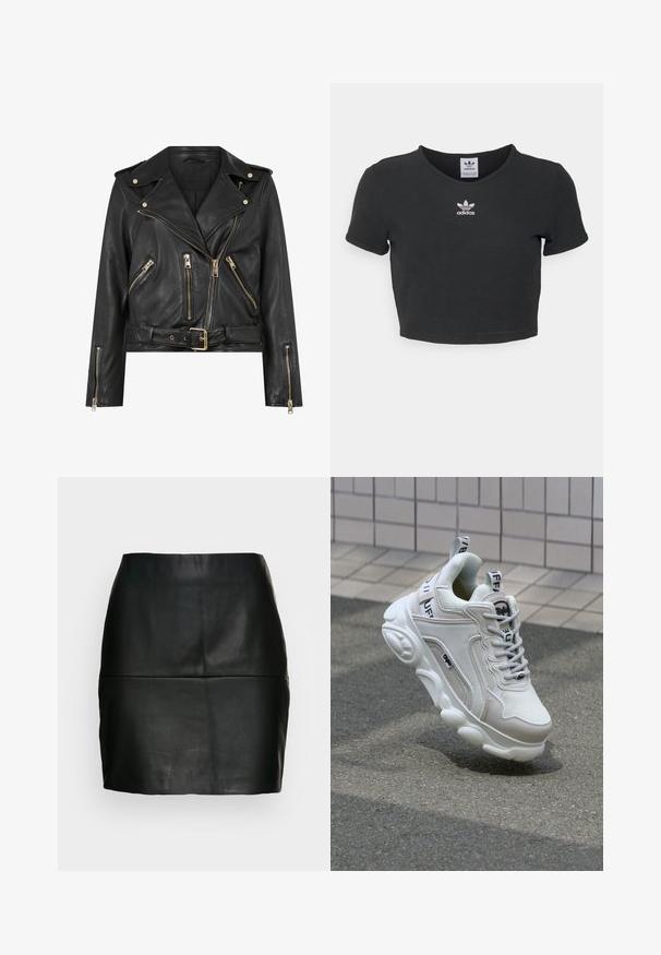 Veste de motard en cuir noir avec un design ajusté, matériel à fermeture éclair doré, plusieurs poches zippées à l'avant et une taille ceinturée. Comprend des épaulettes.; T-shirt noir court en coton, avec un col rond et des manches courtes. Le centre présente un logo Adidas brodé en blanc.; Jupe mini en cuir noir avec une texture lisse, une silhouette ajustée et un détail de couture au niveau de la taille. Pas de fermetures visibles.; Sneaker blanc en matériaux mesh et cuir, bout arrondi, semelle épaisse, lacets proéminents et marqué au talon et sur la languette.