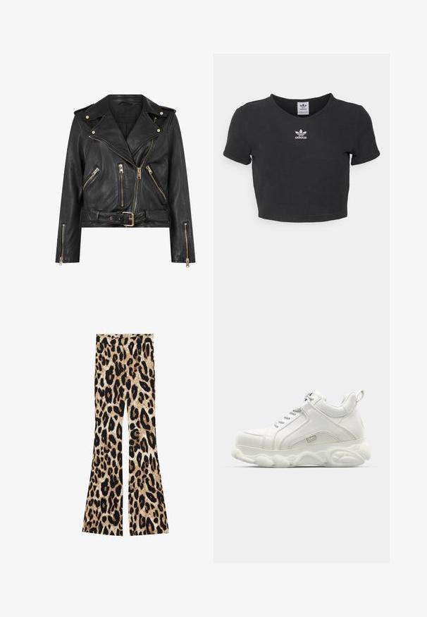Must tanutav must nahk-biker jakki, millel on sobiv disain, kuldne tõmblukk, mitu eesmist tõmblukku taskut ja vööga talje. Omab õlavarre epauletti.; Must tänavakujundus, millel on ümara kaeluse ja lühikeste varrukatega must lühike t-särk, mis on valmistatud puuvillast. Keskel on valge Adidas logo tikand.; Leopardimustriga, musta ja pruuni tooni, flared püksid, ribakujulise tekstuuri ja kõrge vöökohaga disain.; Valged sportlikud tõuksid siledast nahast pealmisega, ümarate tallatega ja tekstuursete detailidega. Omab nööre ja tõmbeosa taga.
