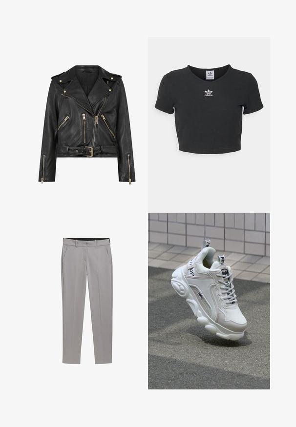 Čierna kožená motorkárska bunda s priliehavým strihom, zlatým zipsom, viacerými prednými zipsovými vreckami a opaskom v páse. Obsahuje ramenné epolety.; Čierne skrátené tričko vyrobené z bavlny, s okrúhlym výstrihom a krátkymi rukávmi. V strede sa nachádza biele vyšívané logo Adidas.; TOM TAILOR MIA SLIM - Nohavice chinos - explicit grey; Biele tenisky s materiálmi z textilu a kože, okrúhla špička, hrubá podrážka, výrazné šnúrky a značka na päte a jazyku.
