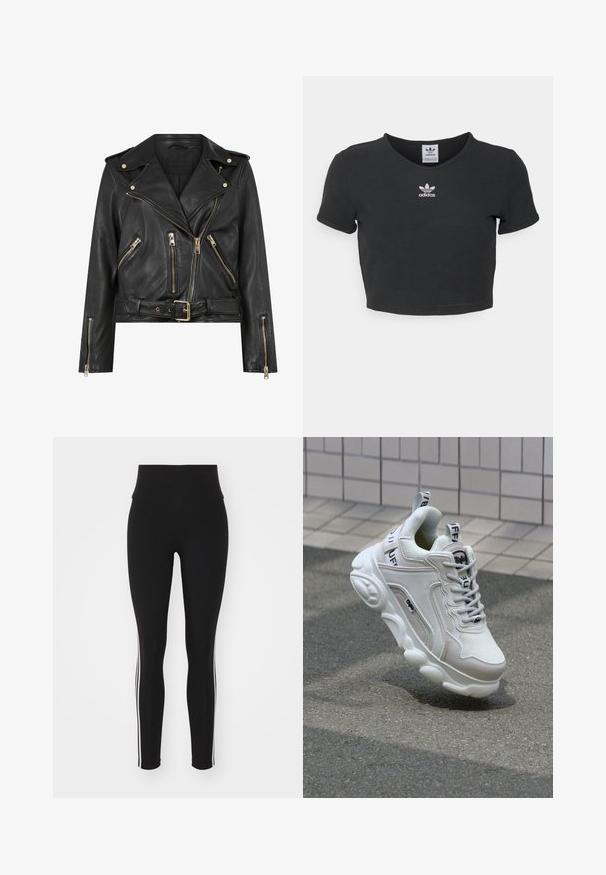 Sort læder bikerjakke med en tætsiddende design, guldlås hardware, flere frontlynlåslommer og en bæltestrop i taljen. Har skulderepauletter.; Sort cropped t-shirt lavet af bomuld, med rund halsudskæring og korte ærmer. I midten har den hvid Adidas logo broderi.; Sorte træningsleggings med høj talje, der har hvide sidelister, glat tekstur og en tætsiddende design velegnet til sportstøj.; Hvide sneakers med mesh- og lædermaterialer, rund tå, tyk sål, fremtrædende snørebånd og branding på hælen og tungen.