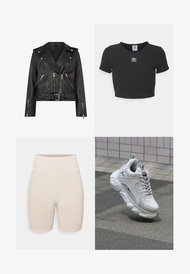 Black leather biker jacket with a fitted design, gold zip hardware, multiple front zip pockets, and a belted waist. Features shoulder epaulets.; Black cropped t-shirt made from cotton, featuring a round neckline and short sleeves. The center has white Adidas logo embroidery.; Beige ribbed bike shorts with a high waistband, featuring a textured pattern and fitted design that extends to mid-thigh.; White sneaker with mesh and leather materials, rounded toe, thick sole, prominent laces, and branding on the heel and tongue.