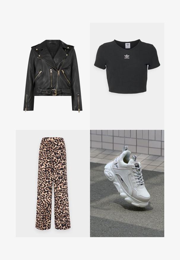 Zwarte leren motorjack met een aansluitend ontwerp, gouden ritsaccessoires, meerdere voorzakken met rits en een verstelbare taille. Voorzien van schouderepauletten.; Zwart cropped t-shirt van katoen, met een ronde hals en korte mouwen. In het midden bevindt zich een witte geborduurde Adidas-logo.; Wijdvallende pantalons van zachte stof met een luipaardprint in warm beige en donkerbruin, met een elastische tailleband voor comfort.; Witte sneaker van mesh en leer, met een ronde neus, dikke zool, opvallende veters en merklogo op de hak en tong.