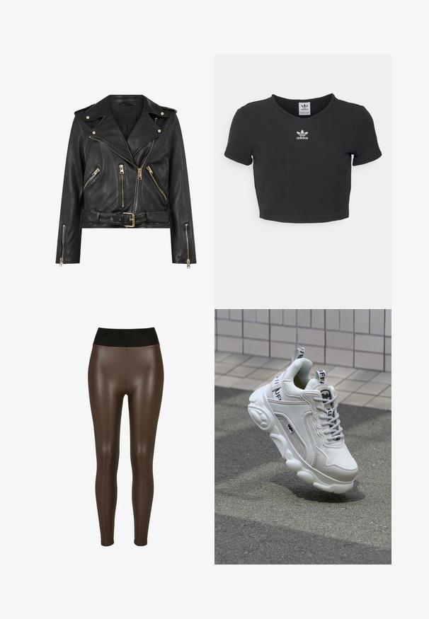 Svart läderbikerjacka med figursydd design, guldfärgad dragkedja, flera framfickor med dragkedja och midja med bälte. Har axelepåletter.; Svart kortärmad t-shirt i bomull med rund halsringning och korta ärmar. I mitten finns vit broderad Adidas-logga.; Bruna faux läder leggings med hög svart midja, med en slät, blank yta och en åtsittande design ner till vristerna.; Vit sneaker med nät- och lädermaterial, rund tå, tjock sula, framträdande snören och branding på hälen och tungan.