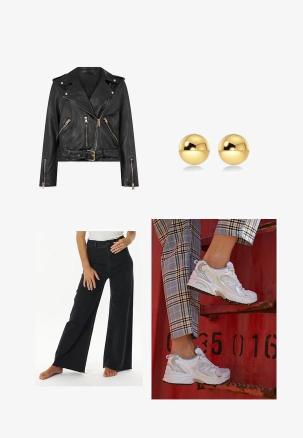 Sort læder bikerjakke med en tætsiddende design, guldlås hardware, flere frontlynlåslommer og en bæltestrop i taljen. Har skulderepauletter.; To stribede toppe i sort og hvid, lavet af ribbet bomuld, med runde halsudskæringer og en tætsiddende pasform. Etiketter synlige på begge.; Højtaljede sorte brede jeans lavet af denim, med knap- og lynlåslukning, rå kant-detaljer og sidelommer.; Hvide mesh sneakers med sølvdetaljer og en struktureret sål, placeret på en rød overflade, parret med ternede bukser.; Guldfarvede, sfæriske øreringe med en skinnende, reflekterende overflade. Designet er enkelt og glat, hvilket skaber et moderne, minimalistisk udseende.