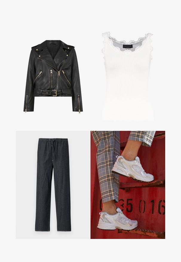 Giacca da motociclista nera in pelle con un design aderente, dettagli in metallo dorato, molteplici tasche frontali con zip e vita con cintura. Presenta spalline sulle spalle.; Top in cotone bianco a coste con pizzo sul collo e sulle maniche. Presenta una texture morbida e una forma aderente. Etichetta del marchio visibile all'interno.; Pantaloni in denim scuro con vita elasticizzata e coulisse, caratterizzati da un design a gamba dritta e dettagli di cuciture a contrasto.; Sneaker bianchi in rete con accenti argento e suola testurizzata, posizionati su una superficie rossa, abbinati a pantaloni a scacchi.