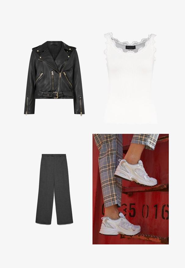 Črna usnjena motoristična jakna s prilegajočim dizajnom, z zlatim zadrgo, več sprednjimi žepnimi zadrgami in pasom, ki se lahko nastavi. Značilne so ramenice.; Bela rebrasta majica bez rukava z čipkastim obodom na izrezu in rokavih. Ima mehko teksturo in prilegajočo obliko. Znamka vidna znotraj.; Hlače širokih hlačnic v temno sivi tkanini z gumbno zaporo, ravnim sprednjim delom in vertikalno teksturo. Ravnega kroja z minimalnimi detajli.; Bele mrežne superge s srebrnimi detajli in teksturirano podplatom, postavljene na rdeči površini, v kombinaciji s karirastimi hlačami.