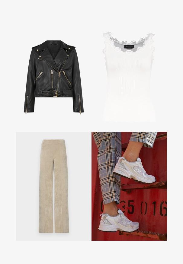 Schwarze Leder-Bikerjacke mit tailliertem Design, goldfarbener Reißverschlussbeschläge, mehreren vorderen Reißverschlusstaschen und einem taillierten Bund. Mit Schulterklappen.; Weißes, geripptes Top mit Spitze an Halsausschnitt und Ärmeln. Hat eine weiche Textur und eine figurbetonte Passform. Markenlabel innen sichtbar.; Hoch taillierte, weit geschnittene Hosen aus hellem beigem Cord, mit vertikalen Rippungen und einer weichen Textur. Flacher Bund für Komfort.; Weiße Mesh-Sneaker mit silbernen Akzenten und einer strukturierten Sohle, platziert auf einer roten Oberfläche, kombiniert mit karierter Hose.