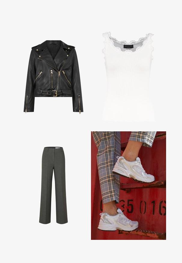 Svart läderbikerjacka med figursydd design, guldfärgad dragkedja, flera framfickor med dragkedja och midja med bälte. Har axelepåletter.; Vit ribbad linne med spetsdetaljer vid halsringningen och ärmarna. Har en mjuk textur och en figurnära passform. Märkessymbol synlig inuti.; Breda byxor i medelgrått tyg, med en slät framsida, rak passform och rena linjer. Inga synliga fickor eller hårdvarudetaljer.; Vita nät-sneakers med silverdetaljer och en texturerad sula, placerade på en röd yta, tillsammans med rutiga byxor.