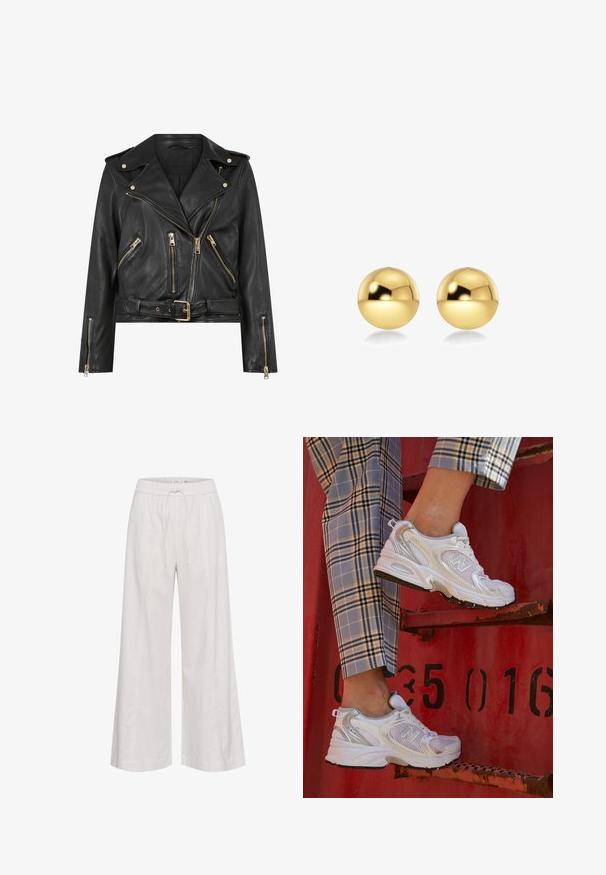 Juodas odinis motociklininko švarkas su prigludusia danga, auksinėmis užtrauktuko detalėmis, keliais priekiniais užtrauktukais, ir dirželiu ties liemeniu. Yra pečių epauletai.; Baltas reikia marškinėliai su nėriniuotais kraštais apykaklėje ir rankovėse. Turi minkštą tekstūrą ir prigludusią formą. Prekės ženklas matomas viduje.; Platus kojas kelnes iš švelnios baltos medžiagos, su elastinga juosmeniu ir raišteliu, glotnia tekstūra ir be papildomų dekoracijų.; Balti nėriniai sportbačiai su sidabriniais akcentais ir tekstūruota padu, padėti ant raudonos paviršiaus, derinami su languotomis kelnėmis.; Auksinės spalvos sferinės auskarai su blizgia, atspindinčia paviršiumi. Dizainas yra paprastas ir lygus, sukuriantis šiuolaikišką, minimalistinį įvaizdį.