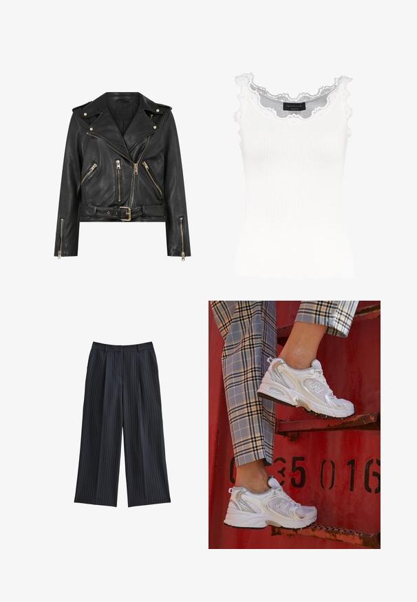 Zwarte leren motorjack met een aansluitend ontwerp, gouden ritsaccessoires, meerdere voorzakken met rits en een verstelbare taille. Voorzien van schouderepauletten.; Witte geribbelde tanktop met kantafwerking op de halslijn en mouwen. Het heeft een zachte textuur en een fitted vorm. Merklabel zichtbaar aan de binnenkant.; New Look PINSTRIPE WIDE LEG - Broek - navy; Witte mesh sneakers met zilveren accenten en een gestructureerde zool, gepositioneerd op een rode ondergrond, gecombineerd met gestreepte broek.