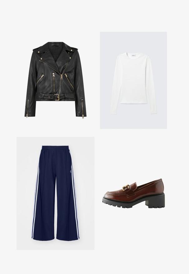Sort læder bikerjakke med en tætsiddende design, guldlås hardware, flere frontlynlåslommer og en bæltestrop i taljen. Har skulderepauletter.; Langærmet hvid T-shirt med rund hals og "WEEKDAY" mærke på den indvendige krave, lagt fladt på en lys grå baggrund.; adidas Originals PANT - Træningsbukser - night indigo; Brune læder loafers med rund tå, dekorativt guldhardware og en tyk sort platformssål med en tekstureret finish.