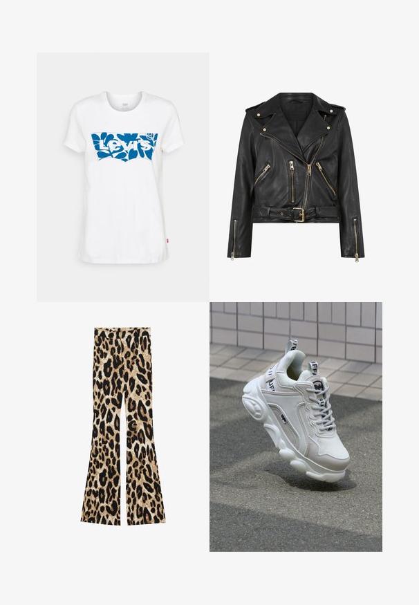 Mustat nahkainen moottoripyörätakki, jossa on istuva muotoilu, kultaiset vetoketjivarusteet, useita etupuolen vetoketjullisia taskuja ja vyötäröllä oleva vyö. Varustettu olkaimia.; Levi's® THE PERFECT TEE - Printtipaita - sugar swizzle; Löysät housut, joissa on leopardikuvio mustan ja ruskean sävyissä, ribbitekstuuri ja korkea vyötärö.; Valkoiset tennarit, joissa on verkko- ja nahkamateriaaleja, pyöreä kärki, paksu pohja, erottuvat nauhat sekä brändäys kantapäässä ja kielessä.