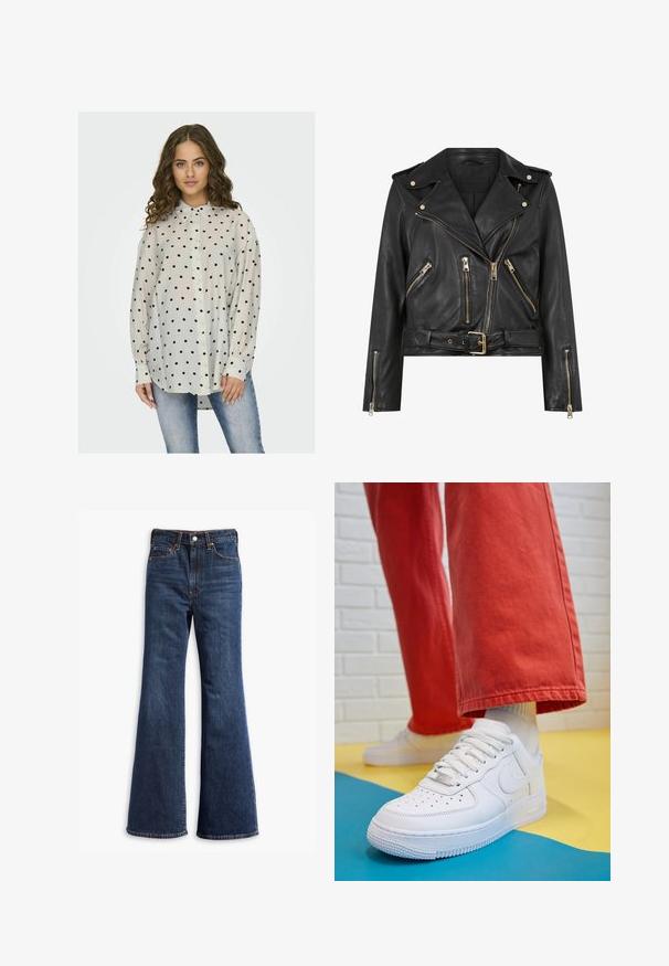 Black leather biker jacket with a fitted design, gold zip hardware, multiple front zip pockets, and a belted waist. Features shoulder epaulets.; Light, sheer button-up shirt with a collar, featuring a white background and black polka dots. Long sleeves with buttoned cuffs.; High-waisted dark blue denim jeans with flared legs, front button and zipper closure, and five-pocket design.; White leather sneaker with perforated toe box, textured sole, and white laces, paired with wide red pants and a blue and yellow background.