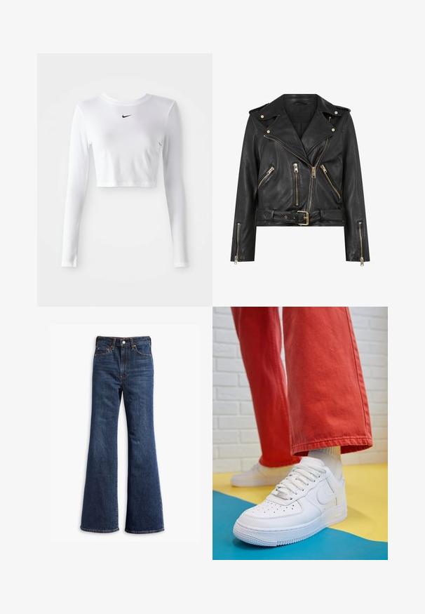 Jaqueta de motoqueiro em couro preto com um design ajustado, fechos dourados, múltiplos bolsos frontais com zíper e uma cintura com cinto. Apresenta epaulettes nos ombros.; Top desportivo de manga longa e cropped em tecido branco, com um logótipo preto da Nike no peito, textura suave e design ajustado.; Jeans de ganga escura de cintura alta com pernas largas, fecho de botão e zipper na frente, e design de cinco bolsos.; Sapatilha de couro branca com biqueira perfurada, sola texturizada e atacadores brancos, combinada com calças largas vermelhas e um fundo azul e amarelo.