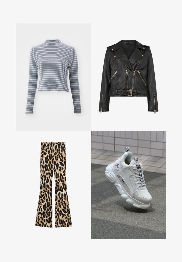 Črna usnjena motoristična jakna s prilegajočim dizajnom, z zlatim zadrgo, več sprednjimi žepnimi zadrgami in pasom, ki se lahko nastavi. Značilne so ramenice.; Rayé pulover z dolgimi rokavi in ovratnikom, izdelan iz mehke tkanine. Ima ozke vodoravne črno-bele črte in prilegajočo zasnovo.; Hlače s širokimi nogavicami z živalskim vzorcem v črnih in rjavih tonih, rebrasto teksturo in visokim pasom.; Bela superga z mrežastim in usnjenim materialom, zaobljenim nosom, debelim podplatom, opaznimi vezalkami ter blagovno znamko na peti in jeziku.