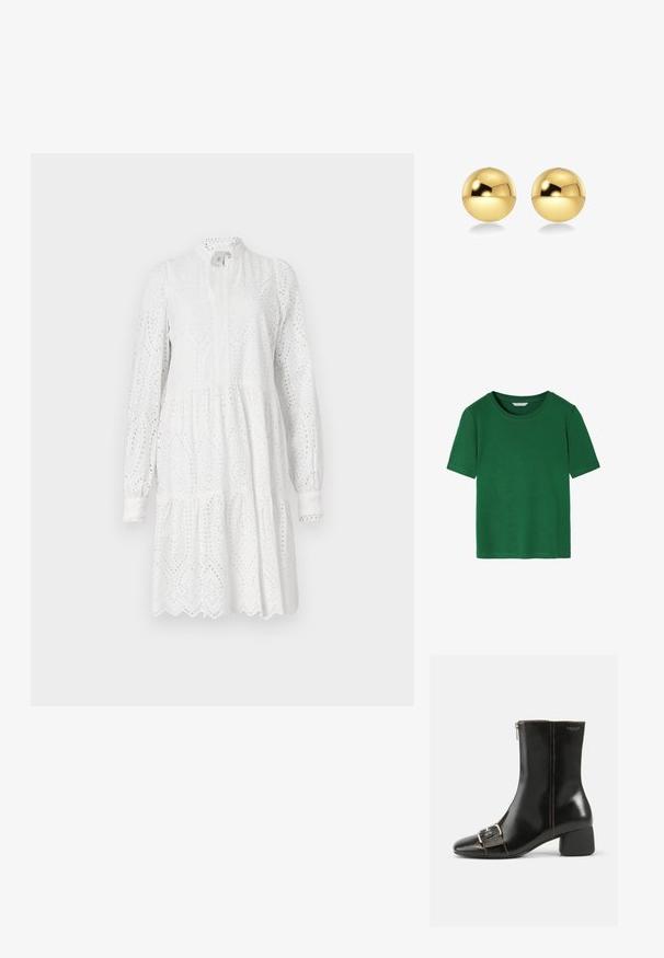 Sort læder bikerjakke med en tætsiddende design, guldlås hardware, flere frontlynlåslommer og en bæltestrop i taljen. Har skulderepauletter.; Grøn kortærmet t-shirt lavet af blødt stof. Har en rund halsudskæring og en afslappet pasform med rene kanter. Ingen mønstre eller accenter.; Hvid langærmet kjole med øjenlågsmønster, høj halsudskæring og lagdelt skørt. Har bølget kant og let rynkning i taljen.; Sort læder ankelstøvle med rund tå, lynlås i siden og sølvspænde detalje. Har en kraftig hæl og kontrasterende syninger.; Guldfarvede, sfæriske øreringe med en skinnende, reflekterende overflade. Designet er enkelt og glat, hvilket skaber et moderne, minimalistisk udseende.