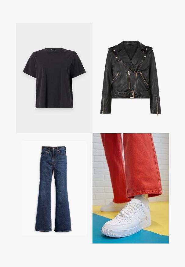 Jaqueta de motoqueiro em couro preto com um design ajustado, fechos dourados, múltiplos bolsos frontais com zíper e uma cintura com cinto. Apresenta epaulettes nos ombros.; T-shirt preto de manga curta com decote redondo, feito de um tecido de algodão suave; apresenta um corte descontraído e uma cor sólida sem padrões.; Jeans de ganga escura de cintura alta com pernas largas, fecho de botão e zipper na frente, e design de cinco bolsos.; Sapatilha de couro branca com biqueira perfurada, sola texturizada e atacadores brancos, combinada com calças largas vermelhas e um fundo azul e amarelo.