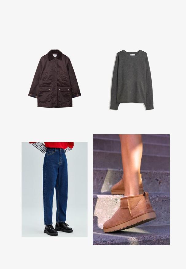 Tmavohnědý středně dlouhý kabát s kordovým límcem, přední klopové kapsy s knoflíky a kostkovaná látková podšívka viditelná na manžetách.; Šedý pletený svetr s širokým výstřihem, dlouhými rukávy a žebrovanými manžetami. Tkanina se zdá být měkká s jemnou texturou a volným střihem.; Modré džíny s vysokým pasem a volným střihem, s klasickým pětipocketovým designem a žlutými švy. V kombinaci s černými šněrovacími botami.; Světlé semišové kotníkové boty s měkkou strukturou, prošívanými detaily a gumovou podrážkou, s okrouhlým podpatkem pro snadné obouvání.